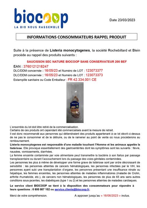 Rappel Produit "SAUCISSON SEC NATURE BIOCOOP SANS CONSERVATEUR 200 BEF"